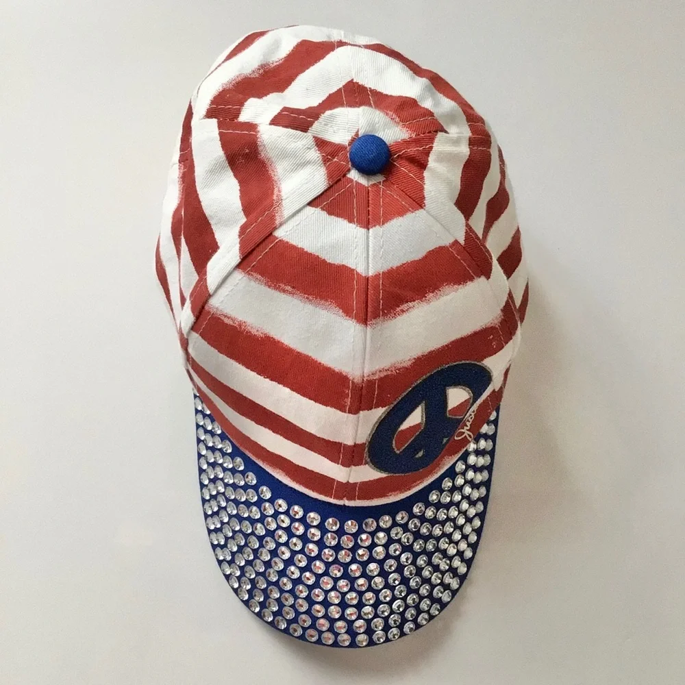 Justice Patriotic Blinged Peace Hat Red White Blue Silver OS